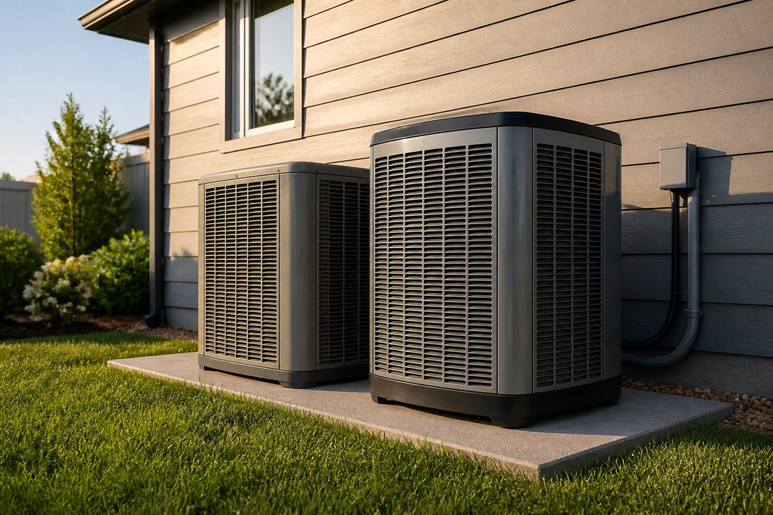 Two outdoor air conditioning condenser units side by side