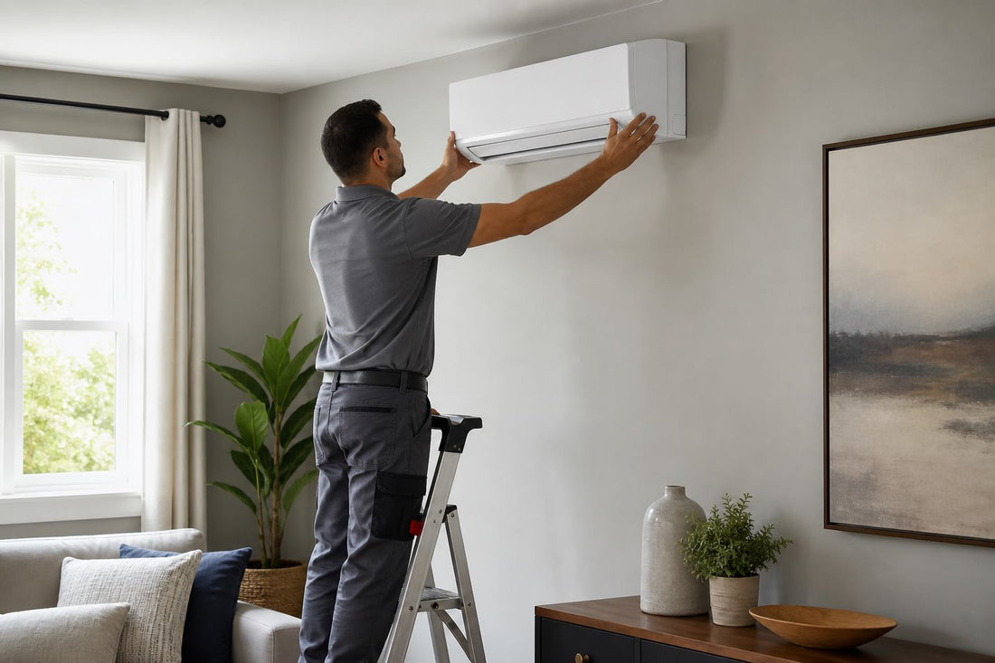 Installer mounting a ductless mini-split indoor unit