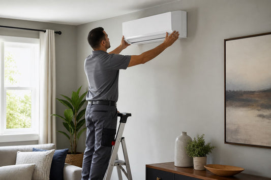 Installer mounting a ductless mini-split indoor unit