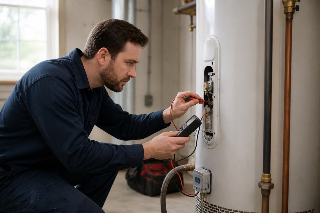 Technician testing a residential water heater thermostat
